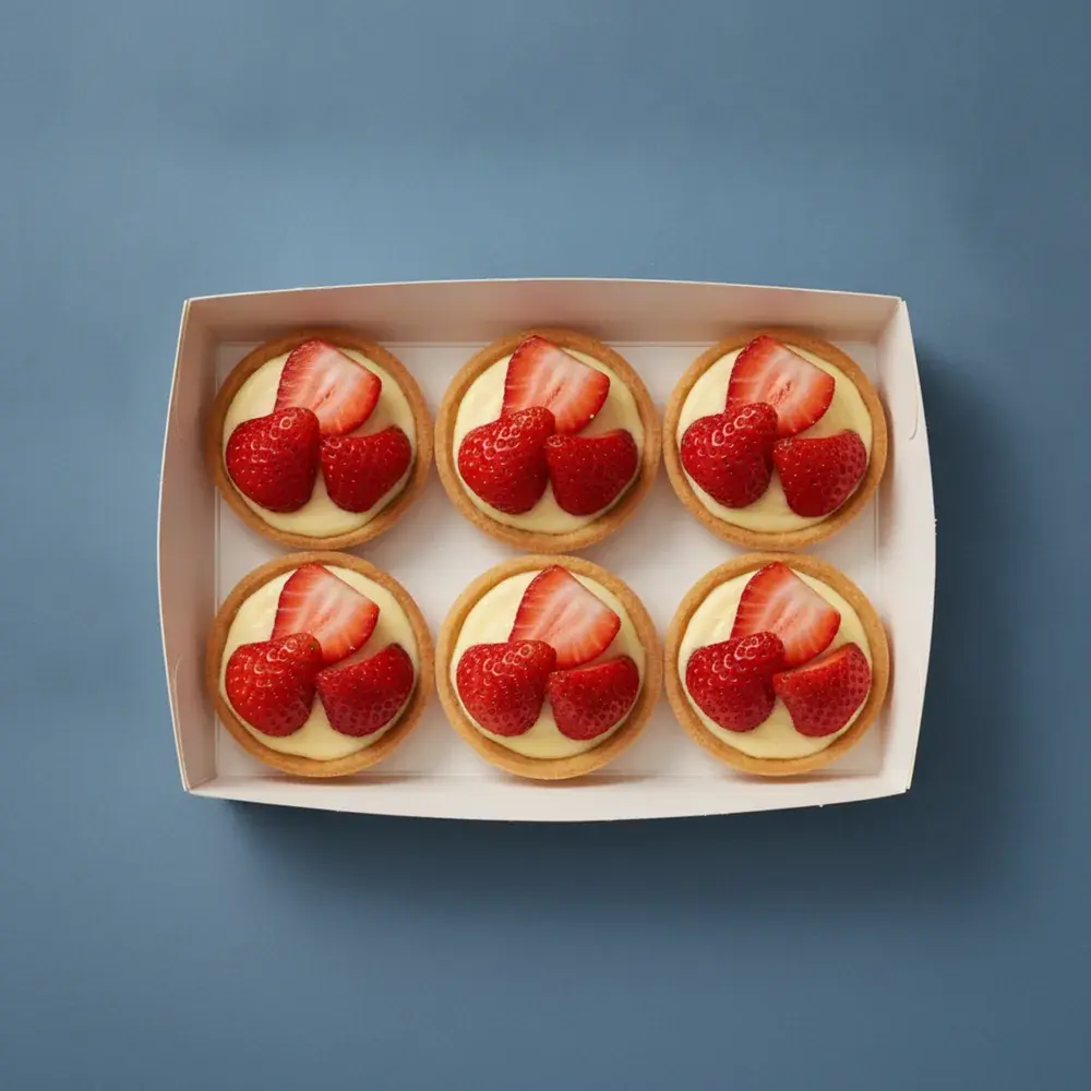 A box of six strawberry custard tarts, halved berries set cut-side down on crème pâtissière