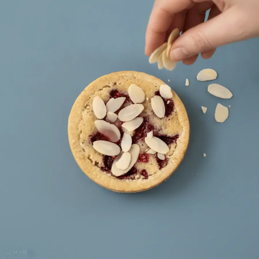Fruit and almond flakes set on French tarts one at a time, by hand